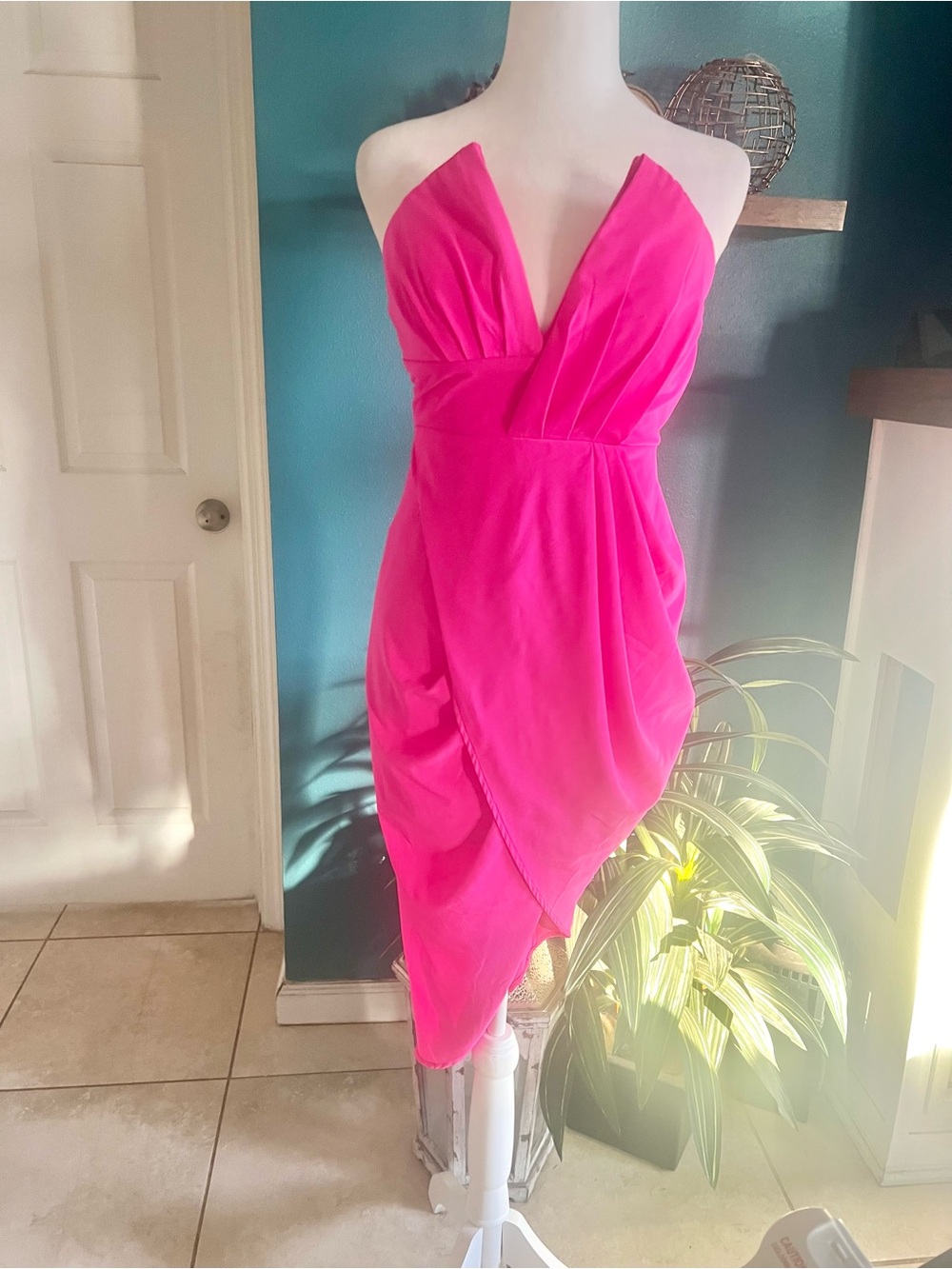 L'ATISTE Hot Pink Strapless Draped Tulip Dress